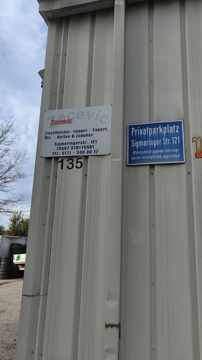 Firmenschild Zecevic Einzelhandel Import Export Kfz-Reifen und Zubehör